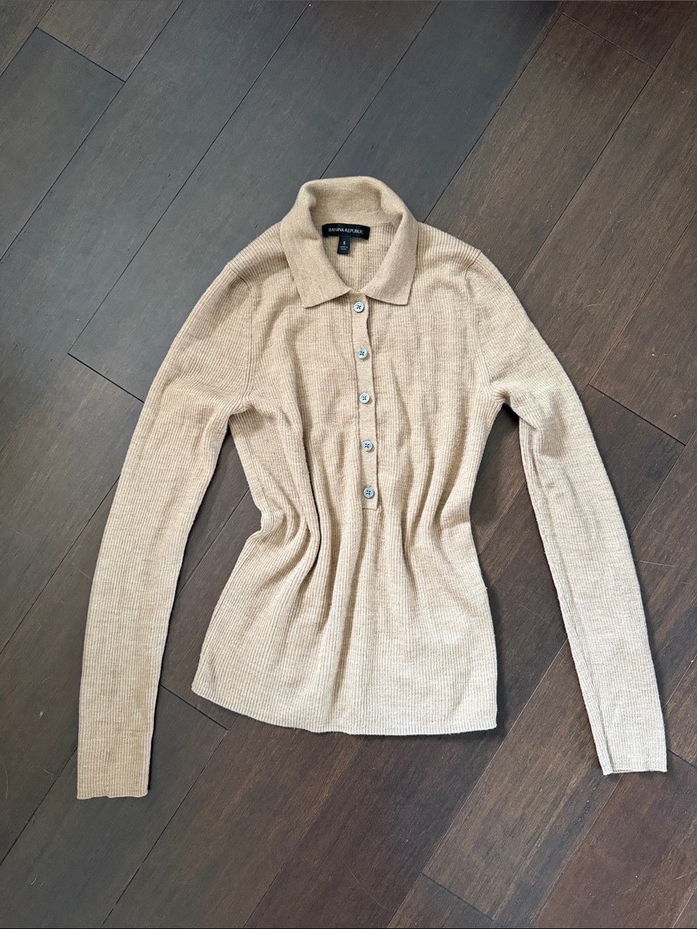 Banana Republic Beige Ribbed Polo Button-Up Sweater